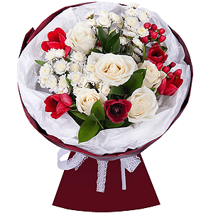 Red tulip - 7, Athos poms Stallion - 3, Rose white Kenya - 5, Hypericum, Ruscus, Wrapping Paper