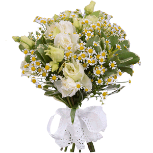 Chamomile - 8, lisianthus - 5, Pittosporum, Ribbon