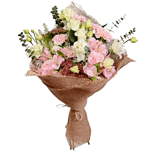 Pink carnation - 11, Alstromeria white, soft pink - 4, lisianthus - 6, Sedum, Ruscus, Green bell (1 pc.), Eucalyptus baby blue (1 pc.), Sackcloth, 1m, Ribbon