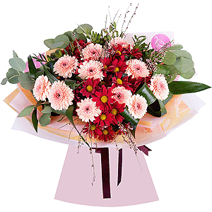 Gerbera pink - 17, Bacardi Red Spray Chrysanthemum - 5, Aspidistra (1 pc.), Eucalyptus Cinerea, Pistachio, Genista, Wrapping Paper, Ribbon