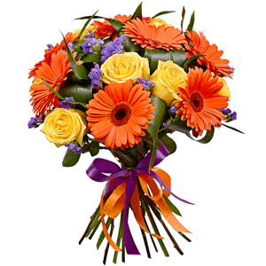 Gerbera daisies - 10, Yellow rose 50 cm - 11, Aspidistra (1 pc.), Blue Statice, Ribbon, Ribbon