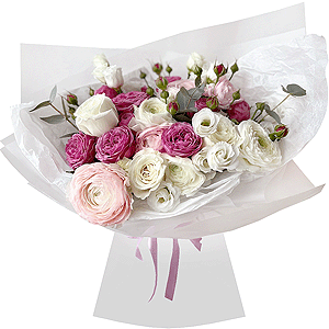 White rose 50 cm - 7, Spray peony rose Misty Bubbles, 50 cm - 5, Ranunculus Pink - 4, lisianthus - 5, Ranunculus White - 3, Eucalyptus Cinerea, Wrapping Paper