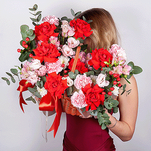 Red rose Nina 50 cm - 11, Pink Lisianthus (Eustoma) - 3, Baltica White Spray Chrysanthemum - 1, Pink carnation - 9, Alstromeria white, soft pink - 8, Small Basket, Oasis, Hypericum, Eucalyptus, Ribbon