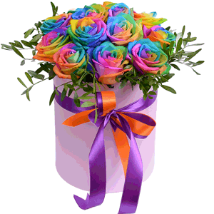 Arrangement of 13 Rainbow Roses in a hatbox with delivery Ryazan