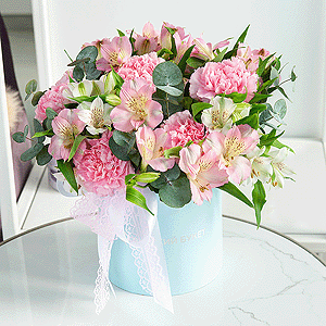 Pink carnation - 13, Alstromeria white, soft pink - 9, Round flower box small , Oasis, Ribbon, Eucalyptus
