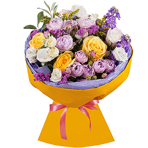 Yellow rose 50 cm - 3, Pink rose 50 cm - 4, Matthiola Lilac - 2, lisianthus - 3, Spray peony rose Lavander, 50 cm - 2, Solidago (1 pc.), Pink Statice, Ruscus, Wrapping Paper