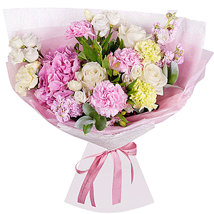Pink Hydrangea - 1, Alstromeria white, soft pink - 4, Pink Matthiola - 4, White rose 50 cm - 7, lisianthus - 3, Green carnation - 4, Pink carnation - 4, Pistachio, Ruscus, Wrapping Paper