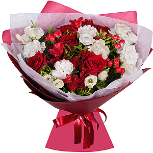 Red rose 50 cm - 9, lisianthus - 3, Alstromeria Red, Bright Pink - 4, Carnation white, cream - 8, Hypericum, Pistachio, Wrapping Paper