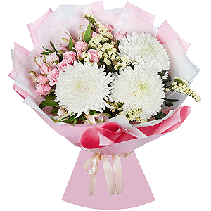 Magnum White Chrysanthemum - 3, Bright pink spray rose mix, 50 cm - 5, Alstromeria white, soft pink - 4, White statice, Wrapping Paper