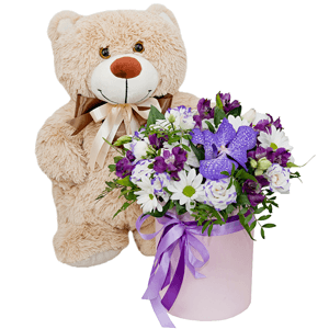 Vanda Orchid bud - 2, Alstromeria lilac, purple - 3, Bacardi White Spray Chrysanthemum - 4, Purple Lisianthus (Eustoma) - 3, Round flower box small , Oasis, Film, Flask for orchids, Aspidistra (1 pc.), Pistachio, Ribbon, Taddy Bear 45 cm