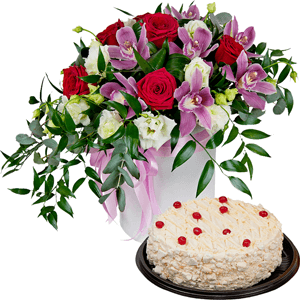 Red rose 50 cm - 10, Pink Cymbidium Orchid Bud - 10, lisianthus - 6, Round flower box medium, Film, Oasis, Eucalyptus Cinerea, Flask for orchids, Aspidistra (1 pc.), Cake in assortment, Ruscus italian, Ribbon