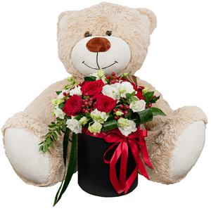 Red rose 50 cm - 12, lisianthus - 7, Round flower box medium, Oasis, Film, Ruscus, Aspidistra (1 pc.), Hypericum, Eucalyptus parvifolia (1 pc.), Teddy bear 70 cm, Ribbon