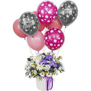 Vanda Orchid bud - 4, Gerbera white - 3, White rose 50 cm - 4, Bacardi White Spray Chrysanthemum - 4, Lilac carnation - 3, lisianthus - 4, Round flower box medium, Oasis, Film, Pistachio, Flask for orchids, Aspidistra (1 pc.), Eryngium, Solidago (1 pc.), Ribbon, Helium Balloon (1 pc.)