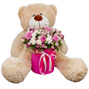 Pink rose 50 cm - 12, Alstromeria white, soft pink - 6, Spray rose: white, cream, light pink 50 cm - 11, Pink Lisianthus (Eustoma) - 6, Round flower box medium, Oasis, Film, Pistachio, Teddy bear 90 cm, Ribbon