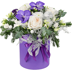 Vanda Orchid bud - 2, lisianthus - 4, Baltica White Spray Chrysanthemum - 1, Peony style roses - 5, Round flower box medium, Oasis, Flask for orchids, Asparagus umbelatus (1 pc.), Hypericum, Eucalyptus Cinerea, Ribbon, Spruce branches (1pc.), Christmas decor (set)