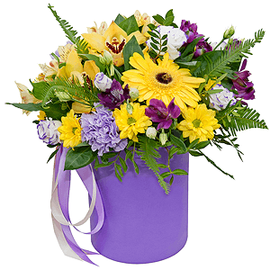 Gerbera yellow - 2, Lilac carnation - 3, Orchid bud yellow/brown Cymbidium - 3, Alstromeria Yellow, Orange - 1, Purple Lisianthus (Eustoma) - 4, Bacardi Yellow Spray Chrysanthemum - 3, Alstromeria lilac, purple - 2, Round flower box small , Film, Oasis, Pistachio, Ruscus, Ambrella, Ribbon, Flask for orchids