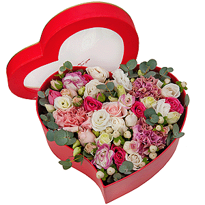 Pink carnation - 4, Bright pink spray rose mix, 50 cm - 4, lisianthus - 3, Heart‑shaped box for arrangements, Oasis, Hypericum, Eucalyptus parvifolia (1 pc.)