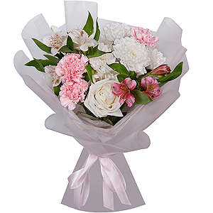 White rose 50 cm - 3, Alstromeria white, soft pink - 4, Baltica White Spray Chrysanthemum - 1, Pink carnation - 3, Wrapping Paper