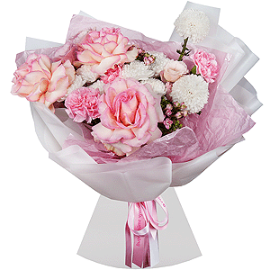 Rose Esperance - 3, Momoko Chrysanthemum - 2, Baltica White Spray Chrysanthemum - 2, Pink carnation - 7, Pink Lisianthus (Eustoma) - 1,  Bouvardia, Wrapping Paper