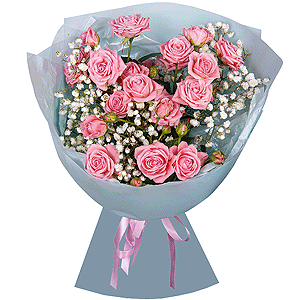 Bright pink spray rose mix, 50 cm - 5, Gypsophila - 1, Wrapping Paper