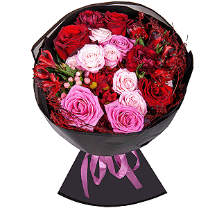 Red rose 50 cm - 3, Pink rose 50 cm - 3, Bacardi Red Spray Chrysanthemum - 1, Carnation red - 7, Alstromeria Red, Bright Pink - 6, Peony sprayrose - 2, Hypericum, Asparagus umbelatus (1 pc.), Wrapping Paper