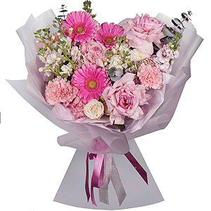 Gerbera pink - 5, Matthiola Lilac - 4, Pink carnation - 11, Pink Lisianthus (Eustoma) - 1, Peony rose pink 'OHara' - 3, Peony sprayrose - 1, Baltica White Spray Chrysanthemum - 1, Ozotamnus, Eucalyptus, Wrapping Paper