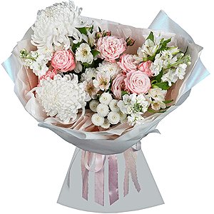 Baltica White Spray Chrysanthemum - 1, Chrysanthemum white Bigoudi - 2, White Matthiola - 3, Alstromeria white, soft pink - 7, Peony sprayrose - 3, Newton White Spray Chrysanthemum - 1, Wrapping Paper