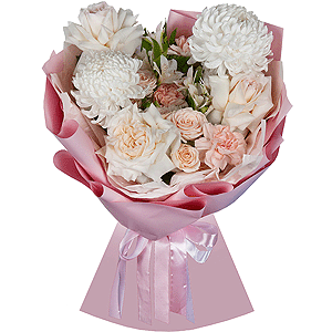Chrysanthemum white Bigoudi - 2, Peony style roses - 3, Carnation white, cream - 9, Baltica White Spray Chrysanthemum - 1, Alstromeria white, soft pink - 6, Peony sprayrose - 3, Wrapping Paper