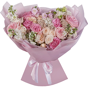  White Hydrangea - 1, Peony style roses - 7, Peony sprayrose - 2, White Matthiola - 5, lisianthus - 3, Pink carnation - 15, Ozotamnus, Wrapping Paper