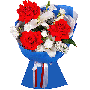 Lilies - 1, Red rose Nina 50 cm - 5, White spray carnation - 3, White statice, Wrapping Paper