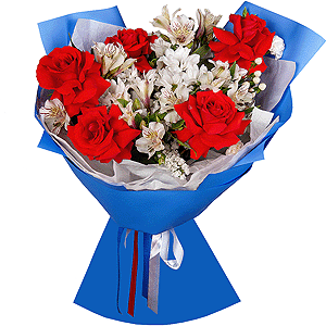 Red rose Nina 50 cm - 11, Bacardi White Spray Chrysanthemum - 3, Alstromeria white, soft pink - 11, White spray carnation - 2, Hypericum, White statice, Wrapping Paper