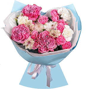 Pink rose Country Blues 50 cm - 3, Bright pink spray rose mix, 50 cm - 3, Baltica White Spray Chrysanthemum - 1, Carnation white, cream - 7, Alstromeria white, soft pink - 2, Wrapping Paper