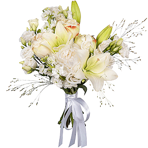Lilies - 1, Peony style roses - 5, Peony white - 1, lisianthus - 3, White Matthiola - 3, Ribbon, Panicum
