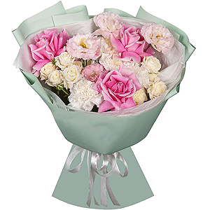 Rose Pink 50 cm Ecuador (Chelo, Hermosa, Novia, Titanik, Engagement, Pink Mondiale) - 3, Pink Lisianthus (Eustoma) - 2, Spray rose: white, cream, light pink 50 cm - 2, Carnation white, cream - 7, Baltica White Spray Chrysanthemum - 1, Wrapping Paper