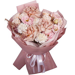 Rose Pink 50 cm Ecuador (Chelo, Hermosa, Novia, Titanik, Engagement, Pink Mondiale) - 5, Peony sprayrose - 2, Carnation white, cream - 5, Pink Lisianthus (Eustoma) - 2, Baltica White Spray Chrysanthemum - 1, Astilbe, Wrapping Paper