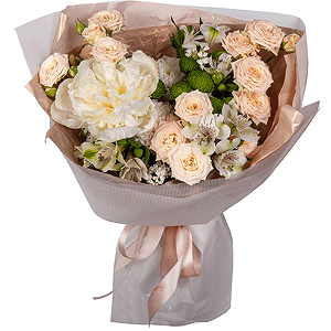 Peony white - 1, Baltica White Spray Chrysanthemum - 1, Spray rose: white, cream, light pink 50 cm - 3, Alstromeria white, soft pink - 5, Athos pom Feeling Green - 1, White statice, Wrapping Paper
