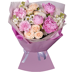 Peony pink - 3, White Matthiola - 3, Pink carnation - 6, Baltica White Spray Chrysanthemum - 1, Spray rose: white, cream, light pink 50 cm - 2, Santini White Spray Chrysanthemum - 1, Wrapping Paper