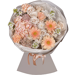 Pink Hydrangea - 1, Spray rose: white, cream, light pink 50 cm - 2, White Matthiola - 5, Cream gerbera - 7, Baltica White Spray Chrysanthemum - 2, Carnation white, cream - 9, Ozotamnus, Wrapping Paper