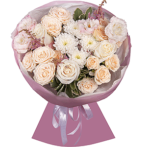Peony sprayrose - 5, Pink Lisianthus (Eustoma) - 2, Baltica White Spray Chrysanthemum - 3, White rose 50 cm Ecuador - 7, Astilbe, Salal, Wrapping Paper