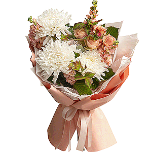 Magnum White Chrysanthemum - 3, Pink Matthiola - 4, Spray rose: white, cream, light pink 50 cm - 3, Ozotamnus,  Raspberry branch, Wrapping Paper