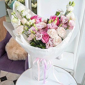 Rose Pink 50 cm Ecuador (Chelo, Hermosa, Novia, Titanik, Engagement, Pink Mondiale) - 3, lisianthus - 2, Spray rose: white, cream, light pink 50 cm - 2, White spray carnation - 7, Pink Lisianthus (Eustoma) - 2, Wrapping Paper