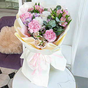 Pink carnation - 5, Baltica White Spray Chrysanthemum - 1, Alstromeria white, soft pink - 4, Alstromeria lilac, purple - 3, Eucalyptus parvifolia (1 pc.), Wrapping Paper