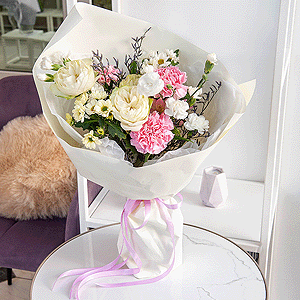 Santini White Spray Chrysanthemum - 3, Spray peony rose  - 3, Pink carnation - 7, White spray carnation - 7, Limonium (1 pc.), Wrapping Paper