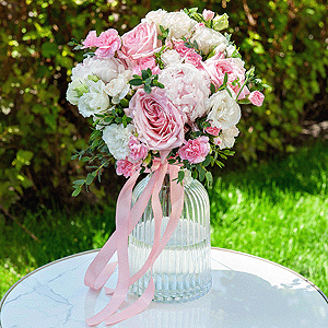 Peony rose pink 'OHara' - 5, Peony pink - 2, White spray carnation - 3, Pink spray carnation - 4, lisianthus - 3, Eucalyptus parvifolia (1 pc.), Ribbon