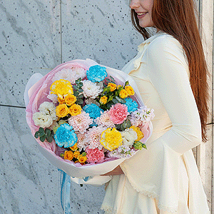 Baltica Pink Spray Chrysanthemum - 4, Blue carnation - 7, lisianthus - 2, Pink Matthiola - 2, Spray rose: yellow, orange 50 cm - 6, Yellow carnation - 7, Eucalyptus baby blue (1 pc.), Wrapping Paper
