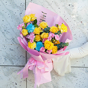 Spray rose: yellow, orange 50 cm - 6, Blue carnation - 9, Pink spray carnation - 9, Eucalyptus baby blue (1 pc.), Wrapping Paper