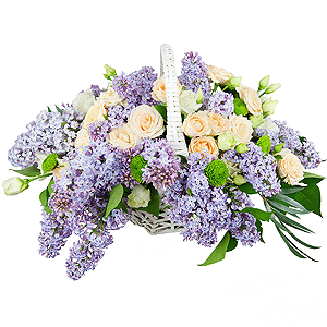 Spray rose: white, cream, light pink 50 cm - 4, Athos pom Feeling Green - 2, lisianthus - 2, Lilac Bush - 7, Medium Basket, Oasis