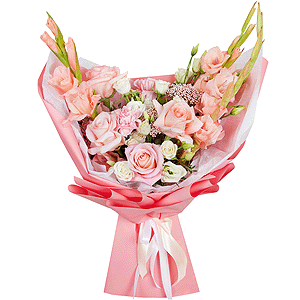 Pink Gladiolus - 4, Pink carnation - 4, Pink rose 50 cm - 5, lisianthus - 3, Spray rose: white, cream, light pink 50 cm - 3, Ozotamnus, Wrapping Paper