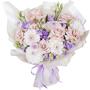 Rose Powder 50 cm Ecuador (Quicksand, Menta) - 9, White Dahlia - 6, Purple Lisianthus (Eustoma) - 4, Wrapping Paper