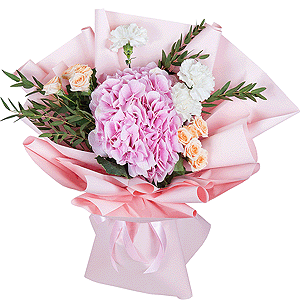 Pink Hydrangea - 1, Carnation white, cream - 5, Spray rose: white, cream, light pink 50 cm - 3, Eucalyptus parvifolia (1 pc.), Wrapping Paper